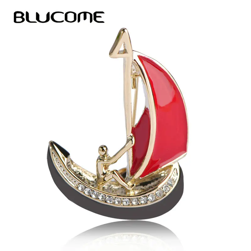 Мужская брошь в форме парусника Blucome красная эмалированная золотого цвета лодки