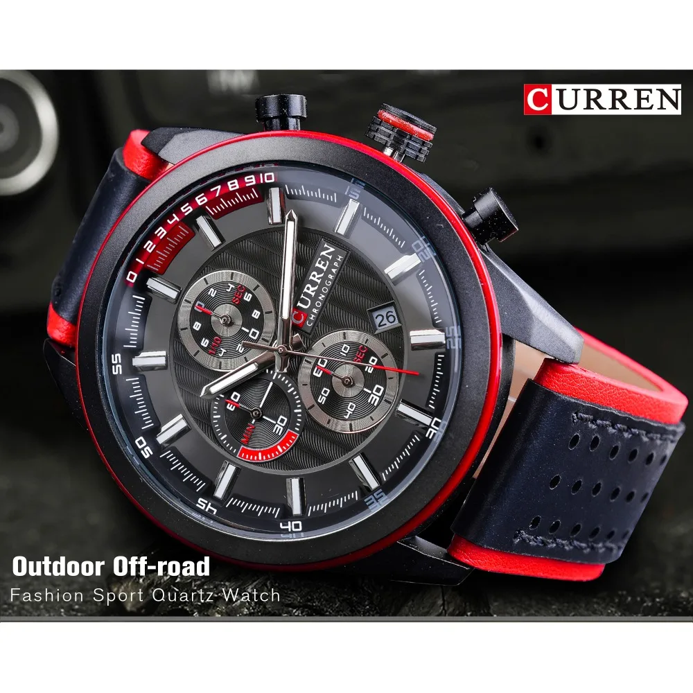 Часы CURREN Мужские спортивные кожаные водонепроницаемые кварцевые|Кварцевые