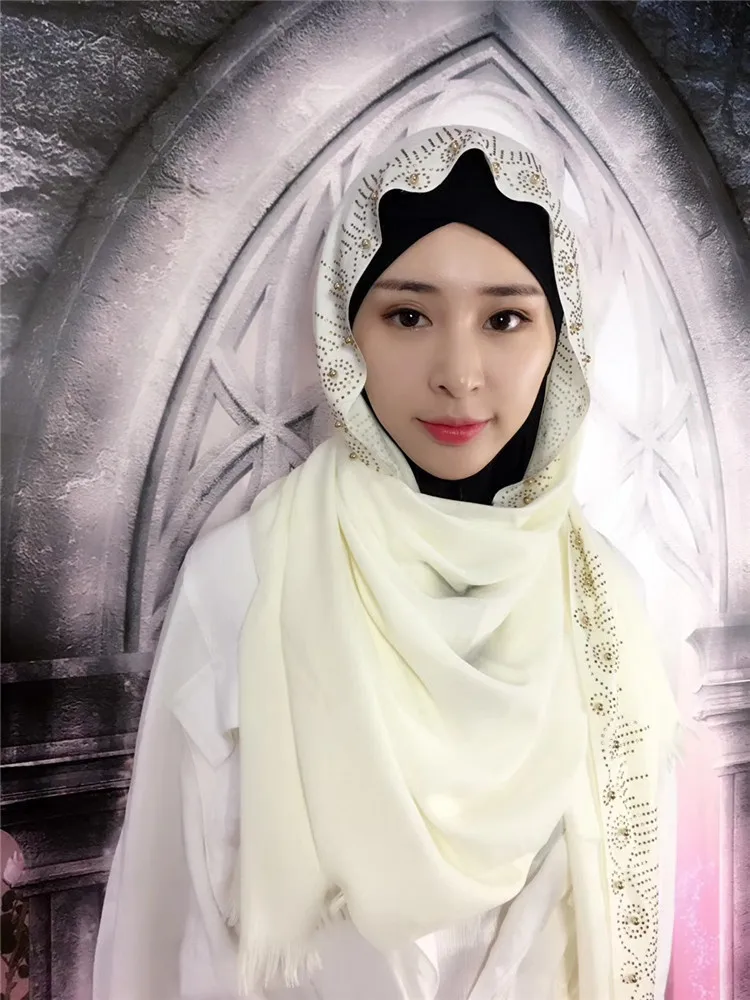 Мусульманские платки Бисероплетение геометрические хиджаб Cutton Muslima Шаль Исламская повязка на голову головные уборы Schaila