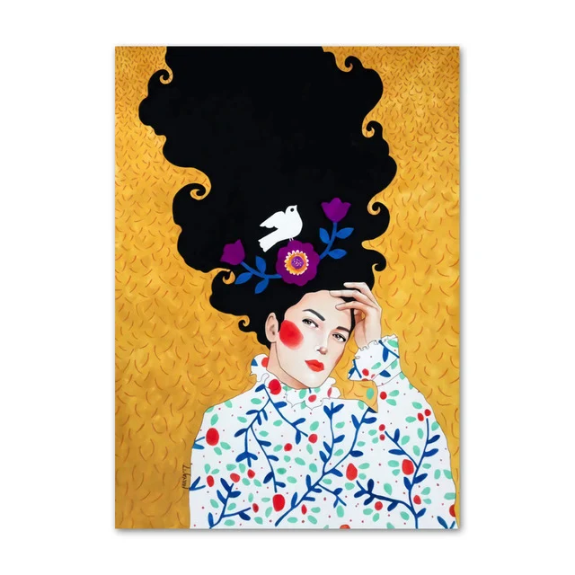 

Абстрактная девушка волосы цветок птица настенная Картина на холсте винтажный скандинавский плакат печатные настенные картины для гостиной без рамки