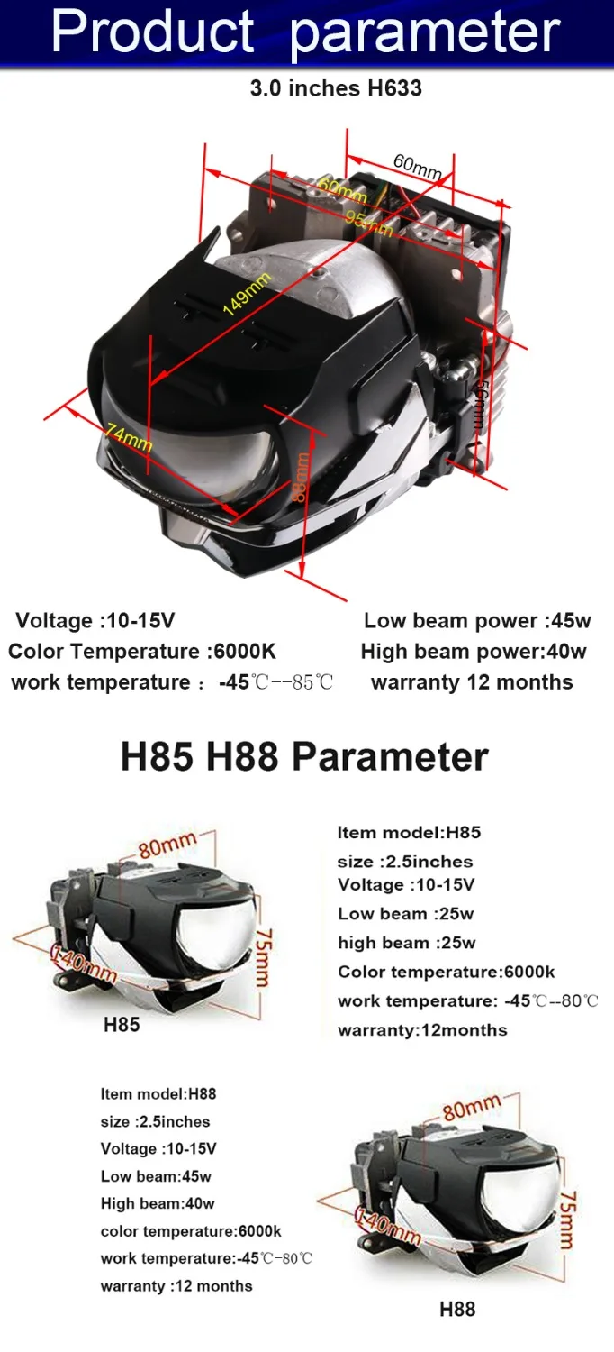 Sanvi H85 H88 H633 Bi светодиодный проектор, объектив, фара 6000 K, авто светодиодный проектор, фара с двумя чипами, двойной отражатель