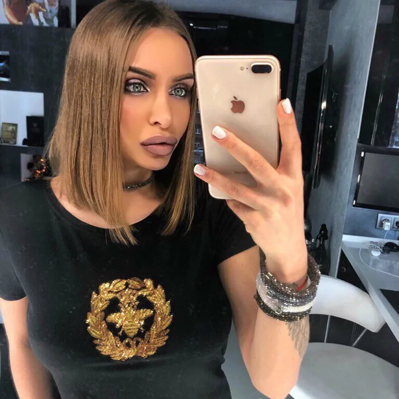 Hirsionsan Футболка женская 2018 Лето пчела блёстки футболка с вышивкой повседневная