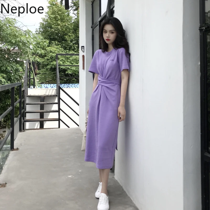 Neploe корейское однотонное женское платье 2019 летнее новое с круглым вырезом