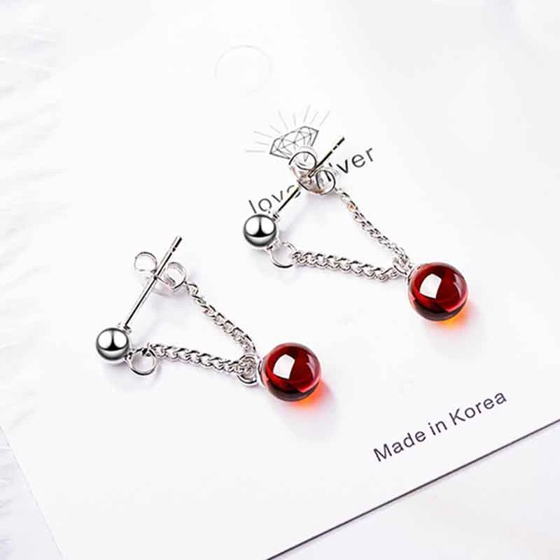 Garnet Элегантные модные 925 пробы серебряные серьги-гвоздики для женщин, женские ювелирные изделия, милая Клубника, Хрустальный гранат, серьги с цепочкой - Окраска металла: Garnet