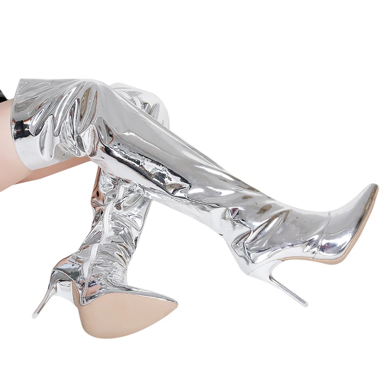 Зеркальные женские сапоги из искусственной кожи на очень высоком каблуке с