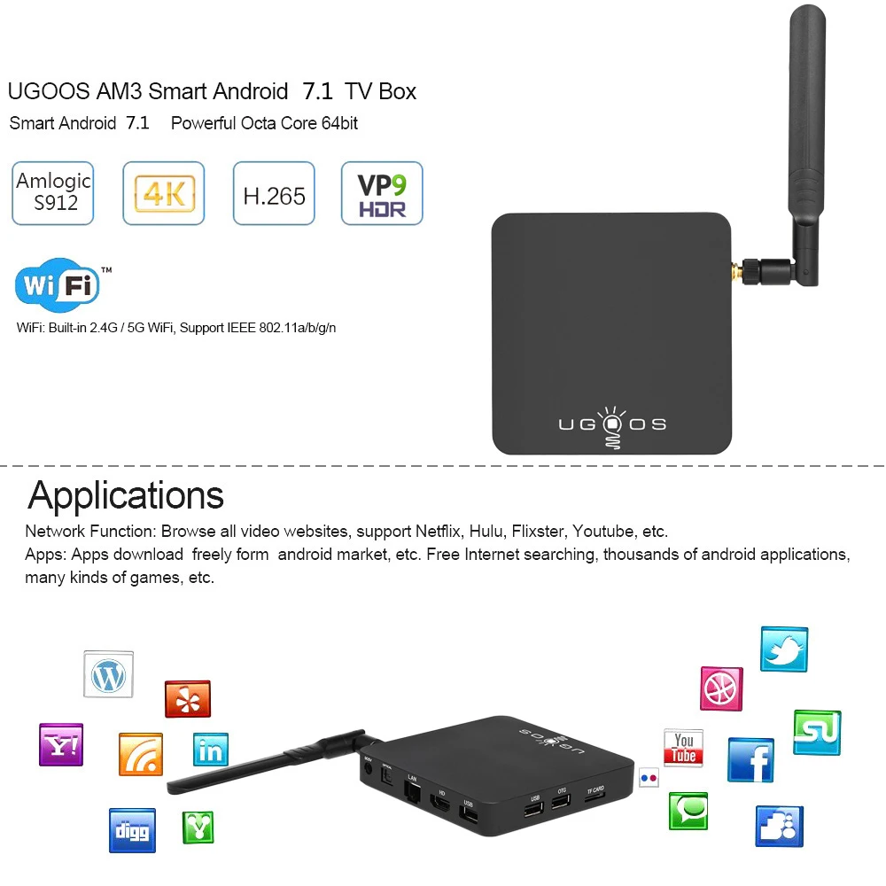 UGOOS AM3 Android tv Box 2 Гб ОЗУ 16 ПЗУ 7 1 Amlogic S912 Восьмиядерный Bluetooth 4G/5G Wi Fi 1000M LAN 4K HD