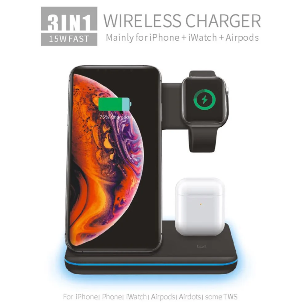 FDGAO 3 в 1 Подставка для зарядки Apple Watch 6 5 4 iPhone 12 11 X XS XR 8 Airpods Pro Fast 15W Qi Беспроводное