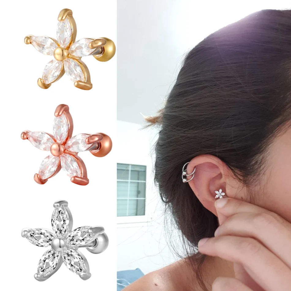 

Fashion Jewelry for Women Crystal Flower Cartilage Daith Helix Tragus Lobe Earring 16G 6mm Stainless Steel Ear Piercing Studs