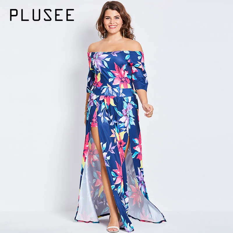 Женское платье с вырезом лодочкой Plusee синее Ассиметричное большого размера 4XL 5XL