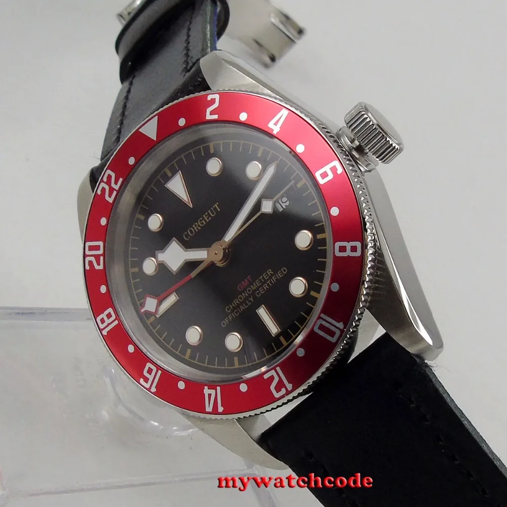 

41mm corgeut black dial silver marks GMT Sapphire Glass Automatic mens Watch