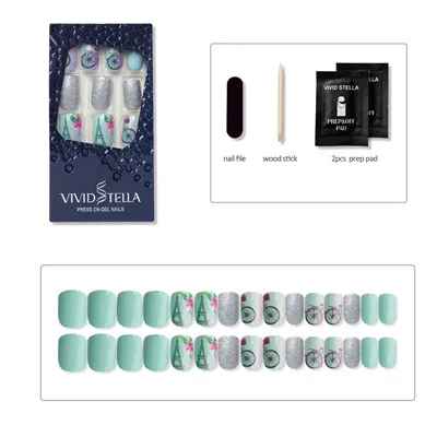 10 Design Pre-glued False Nails in Box Press on Soft Metallic Fake Nail Tips Rock Artificial ABS DIY Nail Art - Цвет: Зеленый
