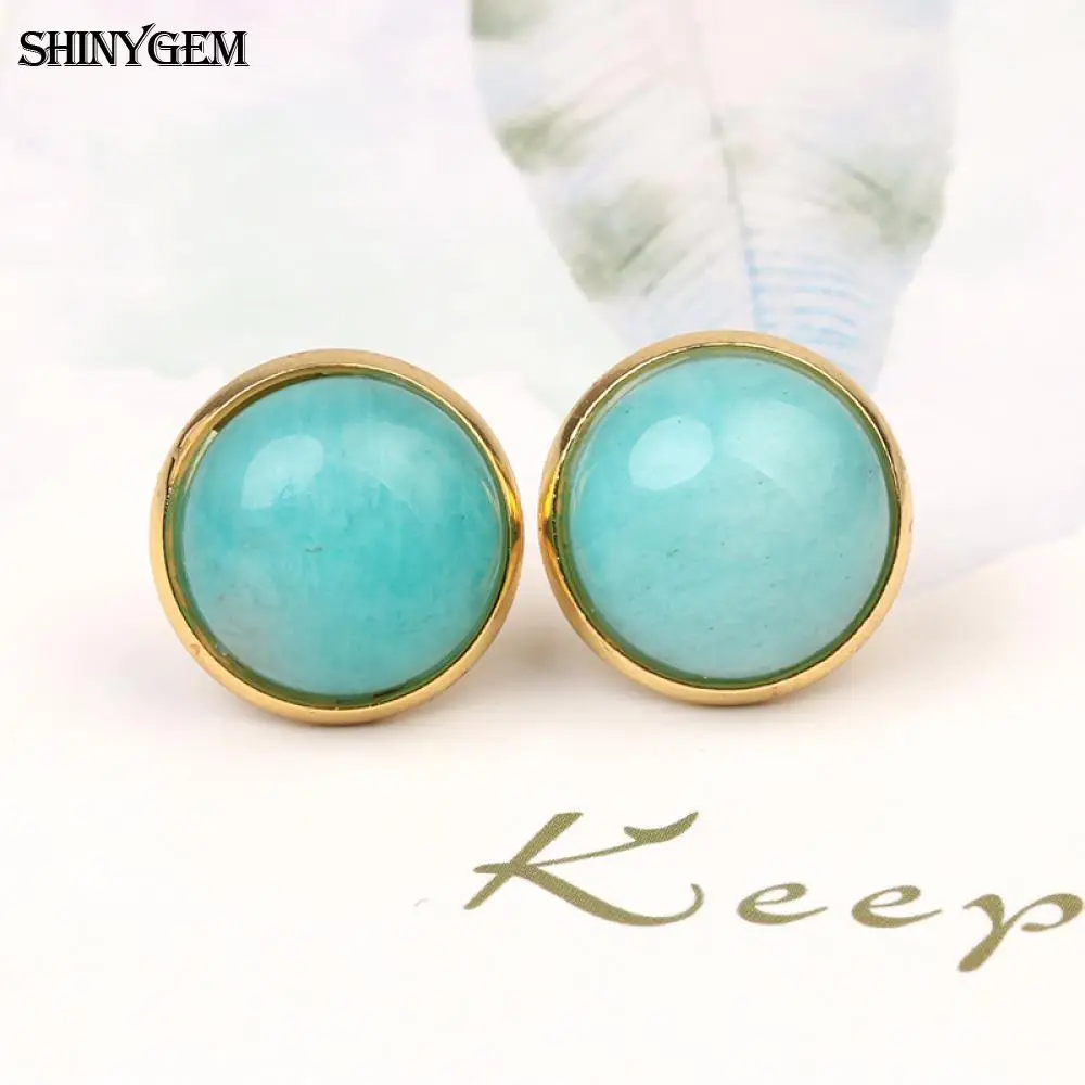 Shinygem 6 мм/8 мм натуральный Амазонит Стад Серьги с золотым покрытием зеленый Натуральный камень серьги Винтаж свадебные серьги для Для женщин
