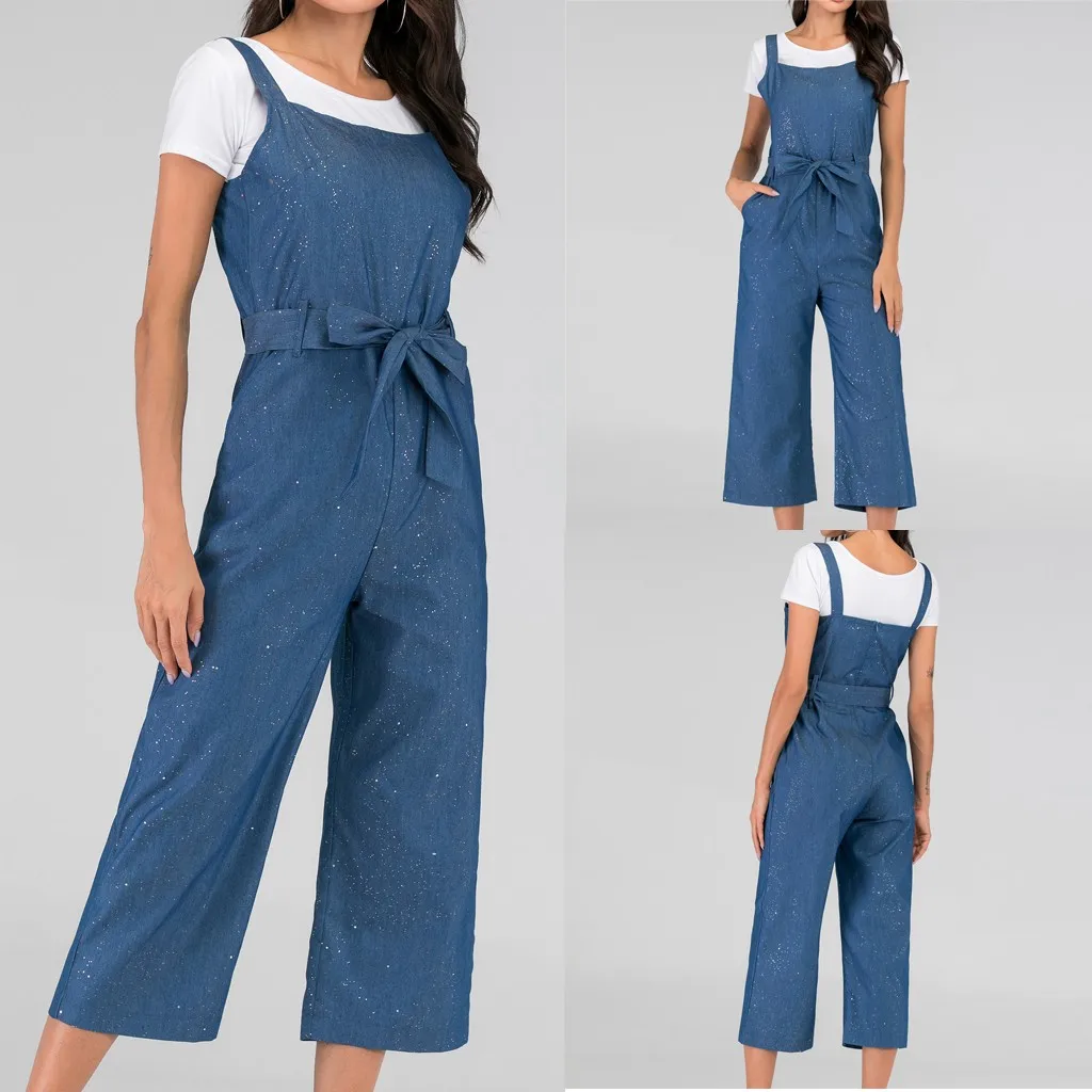 Летний женский джинсовый комбинезон с широкими штанинами размера плюс бантом
