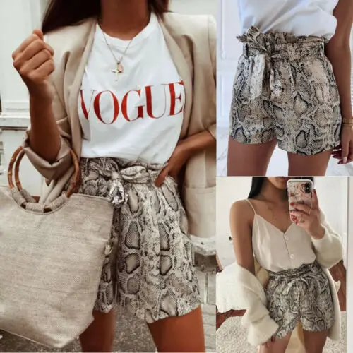 Женские шорты из змеиной кожи с высокой талией стильный ремень галстуком