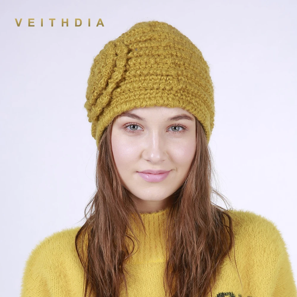VEITHDIA 2019 ручная работа Осень зима вязаная шапка с цветком женские шапки Теплые