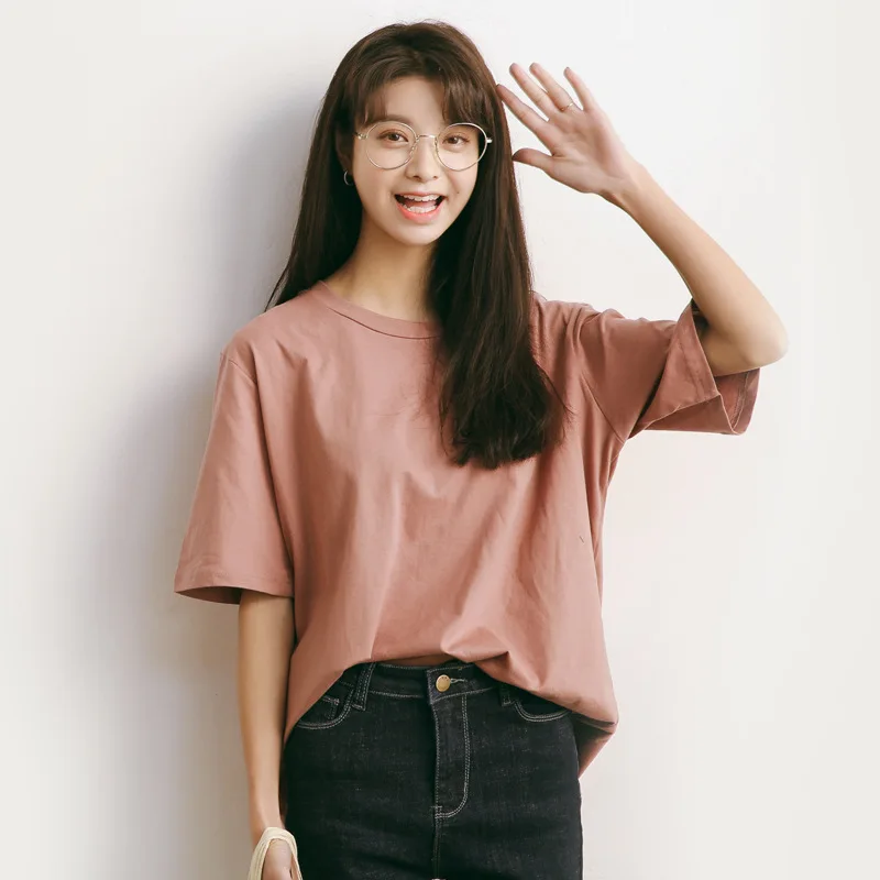 Летняя свободная футболка Женский однотонный топ с круглым вырезом и коротким