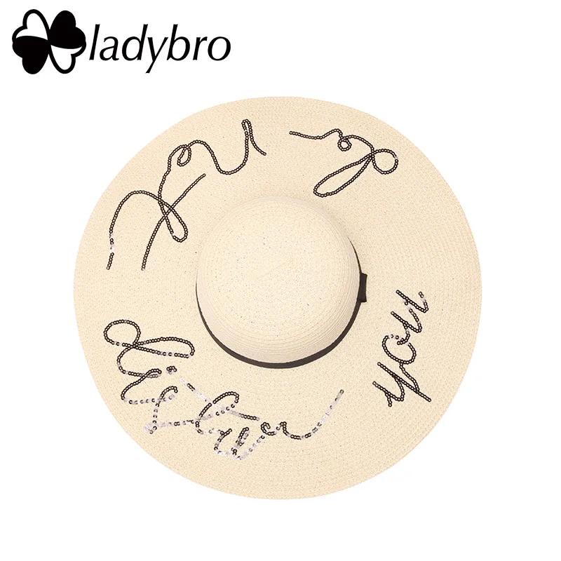 Ladybro Summer Women Sun Hat Wide Brim Beach For Female Elegant Party Vintage Floppy Ladies Vacation Sequins Straw | Аксессуары для
