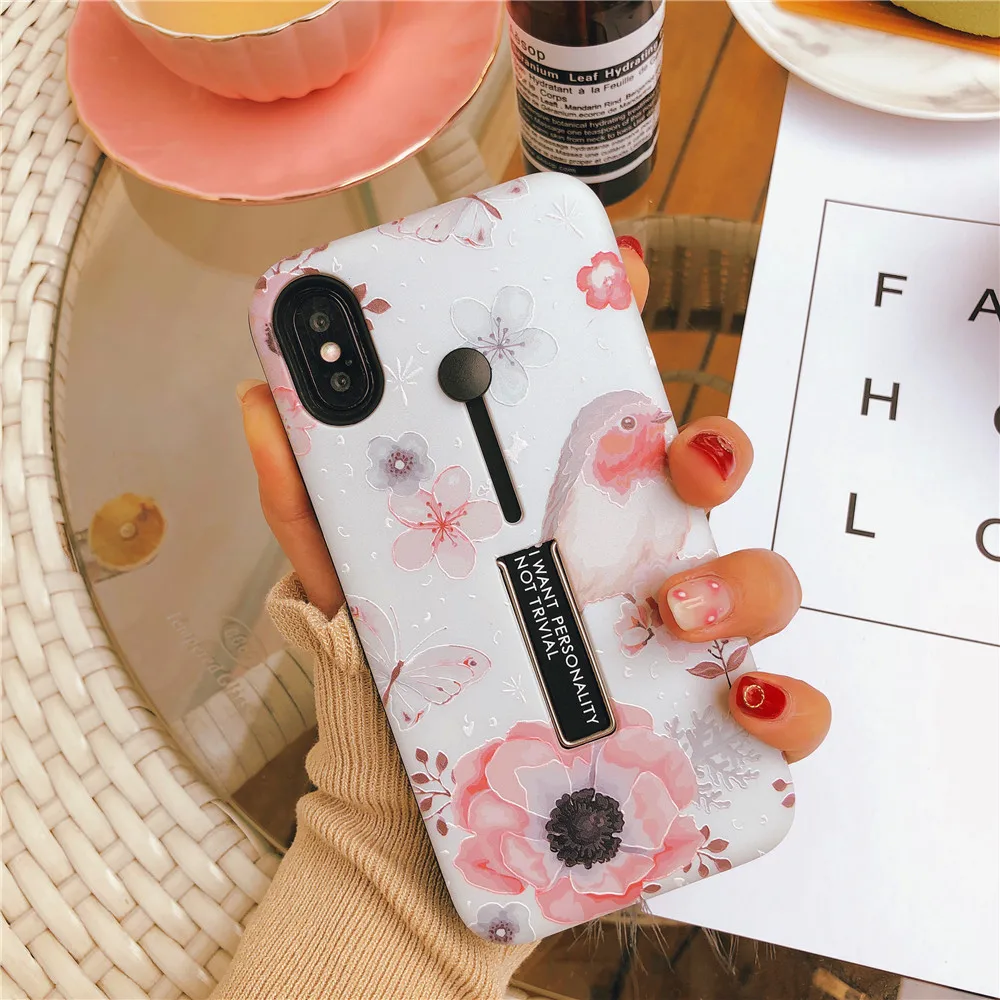 High Quality Phone Case For iphone X XS MAX XR Rose Flower Flamingo Cover 6 6s 7 8 Plus Hide Ring Stand Holder Cases |