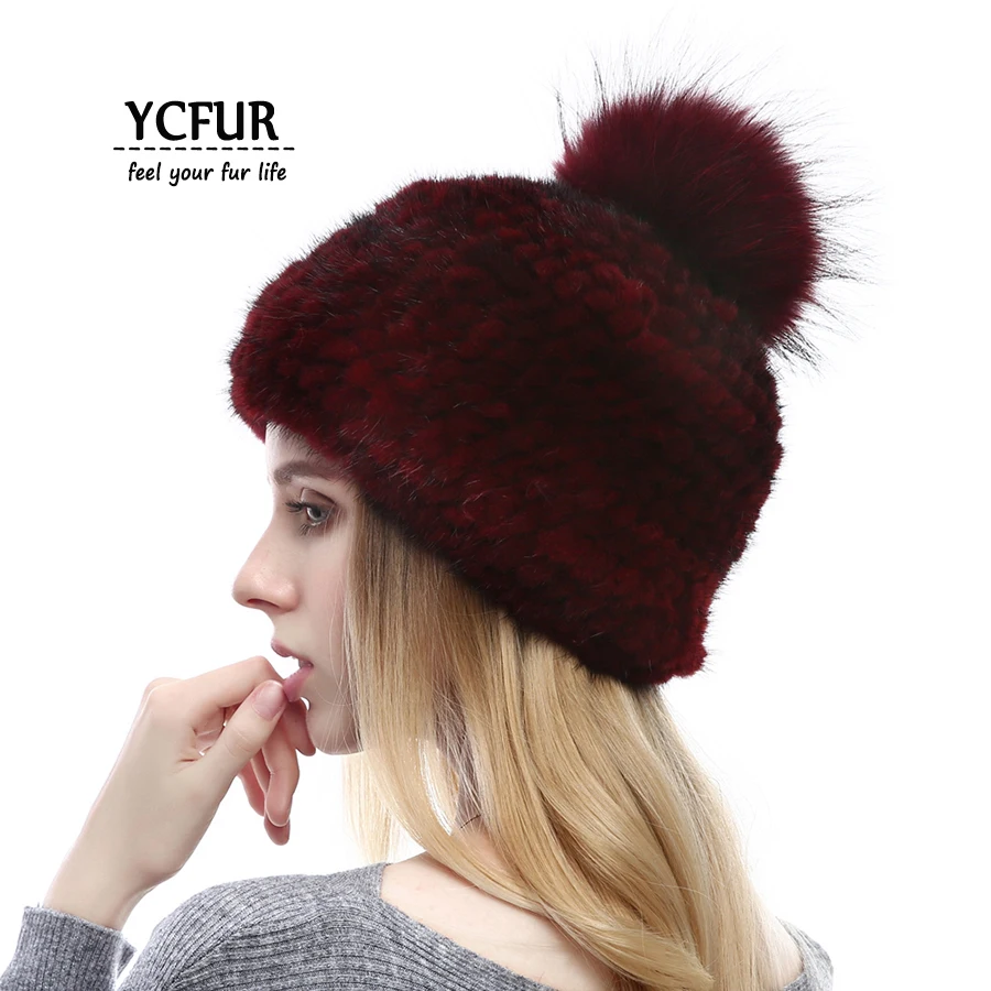 

YCFUR Winter Hats Caps for Women Hand Knitted Mink Fur Beanies Hats with Raccoon Fur Pom Cap Women Solid Snow Hat Girls