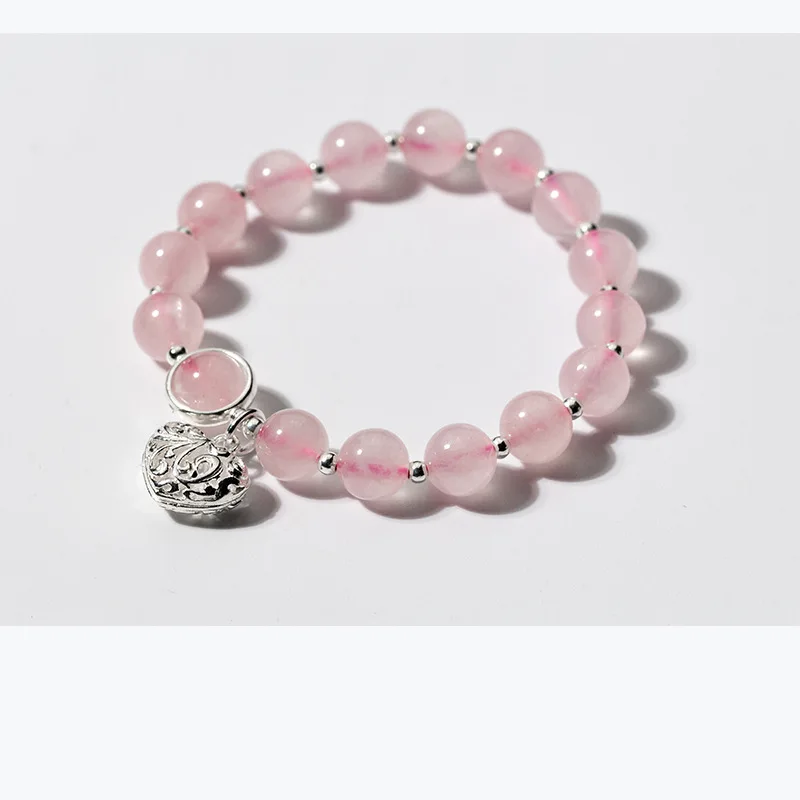 Real. 925 Sterling Silver Natural Pink strawberry quartz &amp Love Heart lucky beads charms Bracelet FLORAL GTLS770 | Украшения и