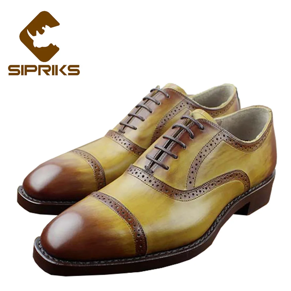 

SIPRIKS Luxury Genuine Leather Patina Shoes Mens Goodyear Welted Shoes Boss Punched Shoe Classic Cap-Toe Oxfords Italian Yellow