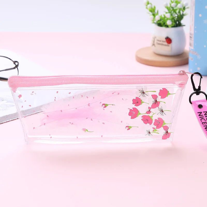 Милый розовый пенал с перьями и цветком Kawaii прозрачный школьный sakura школьные