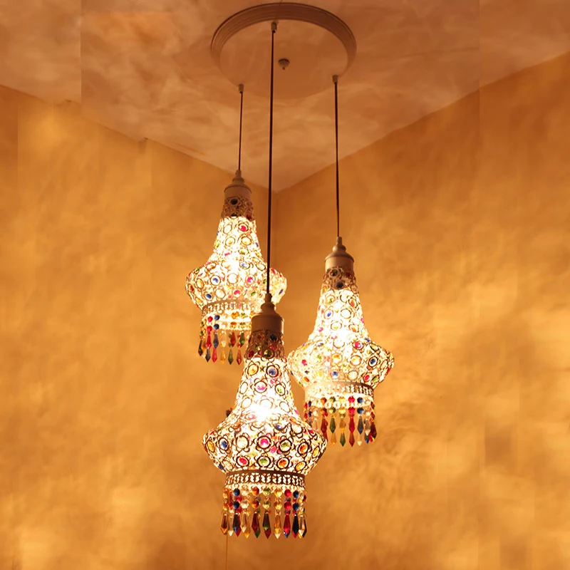 Classic Bohemia Style Restro Pendant Light Iron Carving Lampshade K9 Colors Crystal Decoration 3*E27 LED Bulbs Round Lampbase | Лампы и