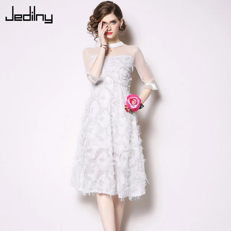 Женское Повседневное платье Лето 2019 г. с круглым вырезом кисточкой перо сетчатые