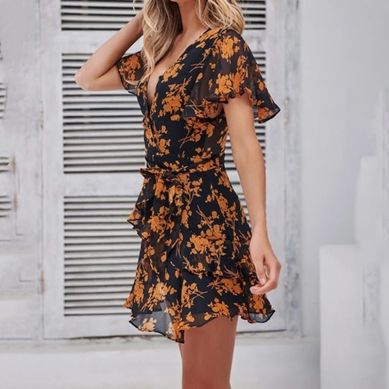 Summer Short Sleeve Mini Dress Women 2020 Sexy Deep V Neck Sundress Floral Printed Vacation Dresses With Belt Ladies Vestido | Женская