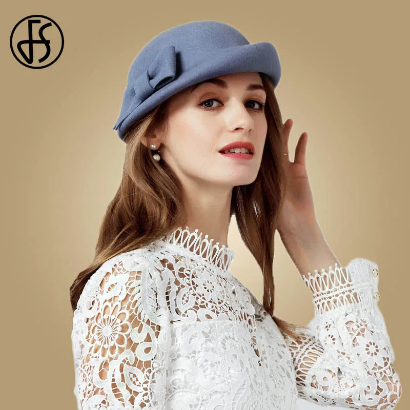 FS Black Gray Wool Berets Vintage Winter French Beret Women Felt Hats Fedoras Bowknot Artist Ladies Top Caps Autumn Hats