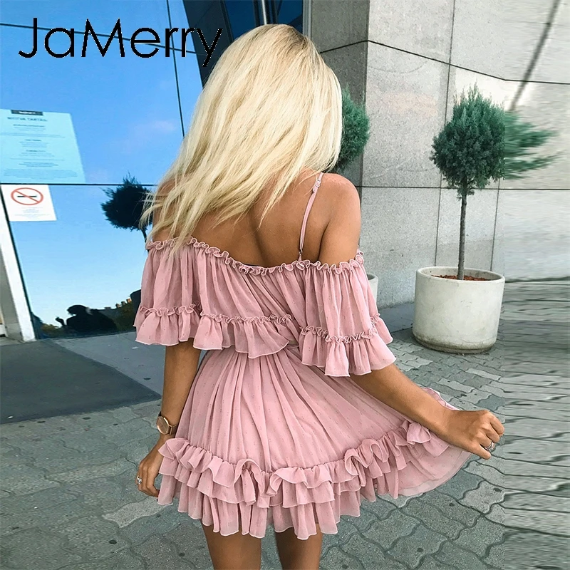 JaMerry, сексуальное женское мини-платье с оборками и открытыми плечами, летние платья на бретельках, праздничные пляжные женские розовые короткие сарафаны