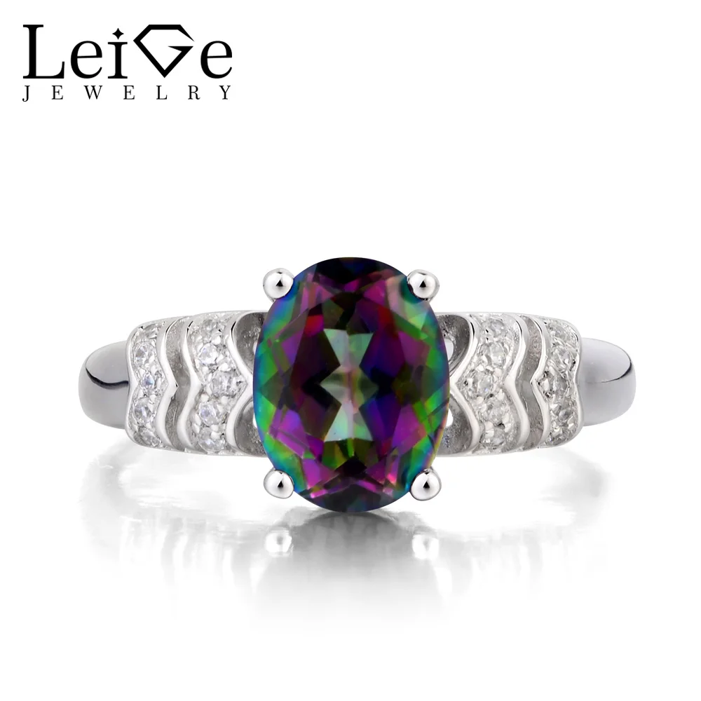 

Leige Jewelry Real Mystic Topaz Ring Engagement Ring Oval Cut Rainbow Gemstone Genuine 925 Sterling Silver Ring Gifts for Women