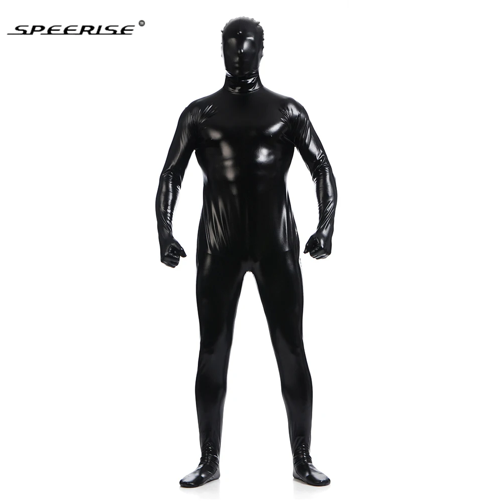 SPEERISE женский блестящий черный металлик Zentai косплей костюм Мужской Цельный