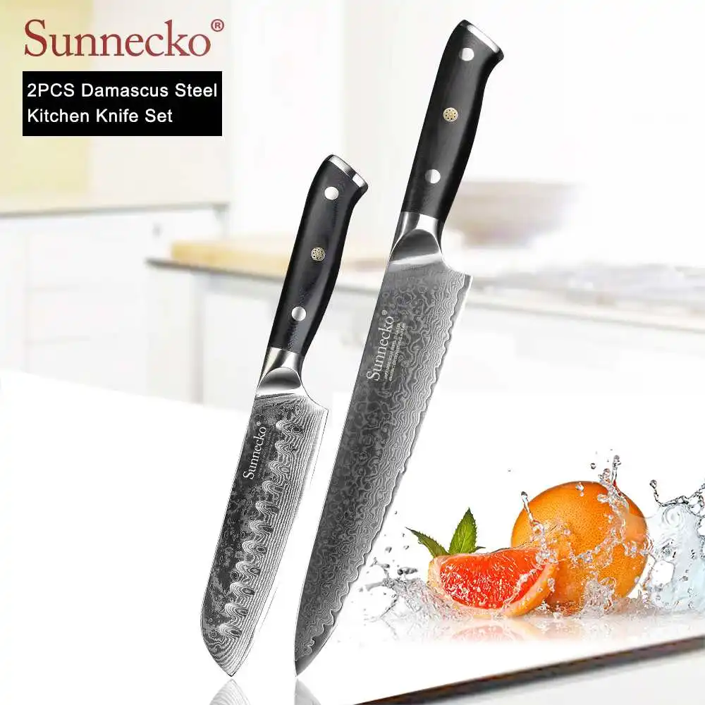 2pcs Set B SUNNECKO дамасский нож шеф-повара Santoku для нарезки овощей нож для стейка нож для хлеба Дамасская сталь набор кухонных ножей G10 Ручка - Цвет: 2pcs Set B