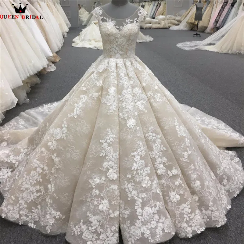 Luxury Wedding Dresses Ball Gown Big Train Lace Tulle Long Formal Plus Size Wedding Gown Bridal Dress Custom Made YB160