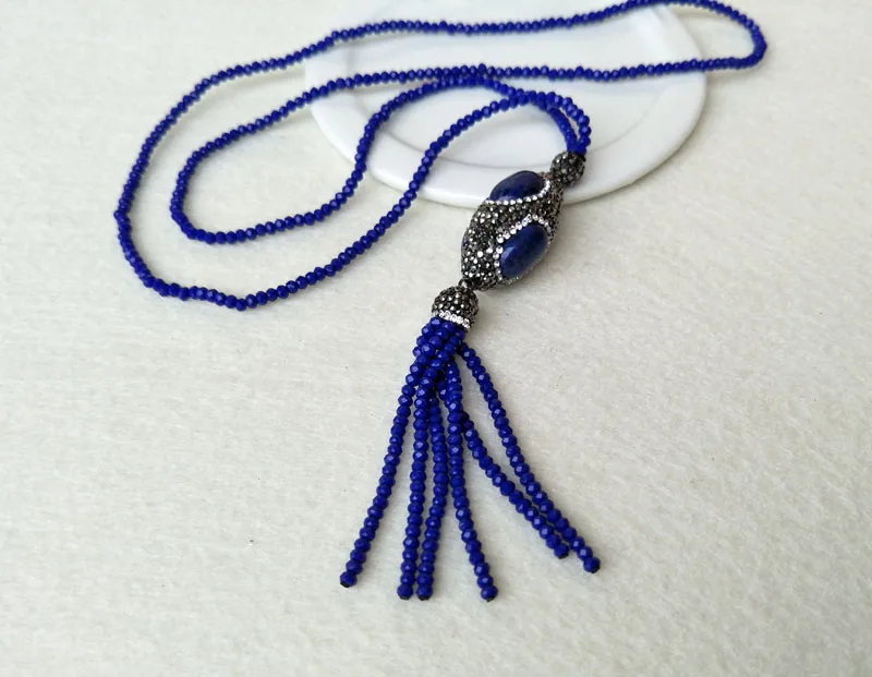 

4 Strands Crystal Zircon Paved Lapis Stone Pendant Necklace,Glass Crystal Beads Tassel Chains Jewelry Finding for women NK40