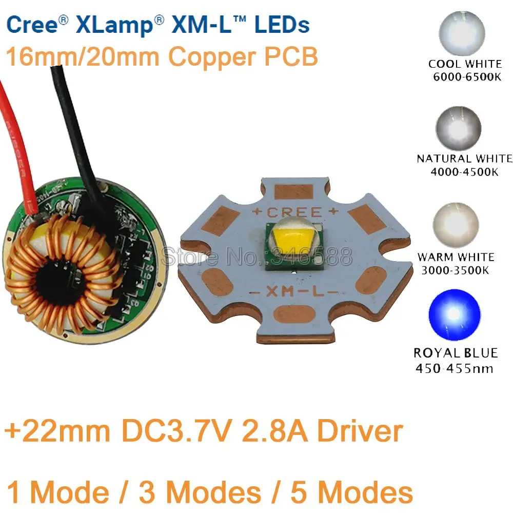 CREE XML XM-L T6 10W Cool White Neutral White Warm White High Power LED Emitter Chip 20mm Copper PCB + 12V Input 22mm LED Driver