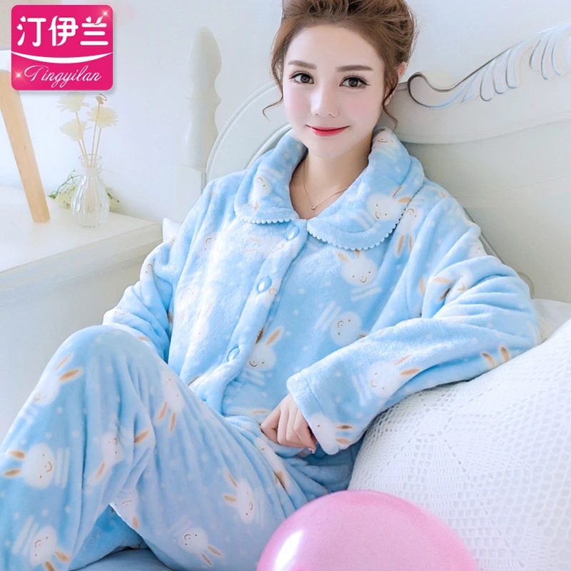 New pajamas women winter Coral cashmere Thickening Collar - Lapel Cardigan button Long-sleeved trousers Flannel Home clothing | Женская