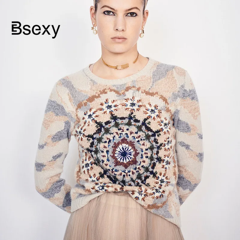 Runway Sweater For Women 2019 Autumn Snows Embroidery Camouflage mujer Loose Casual Khaki Pullover Knitted Top Jumper | Женская одежда