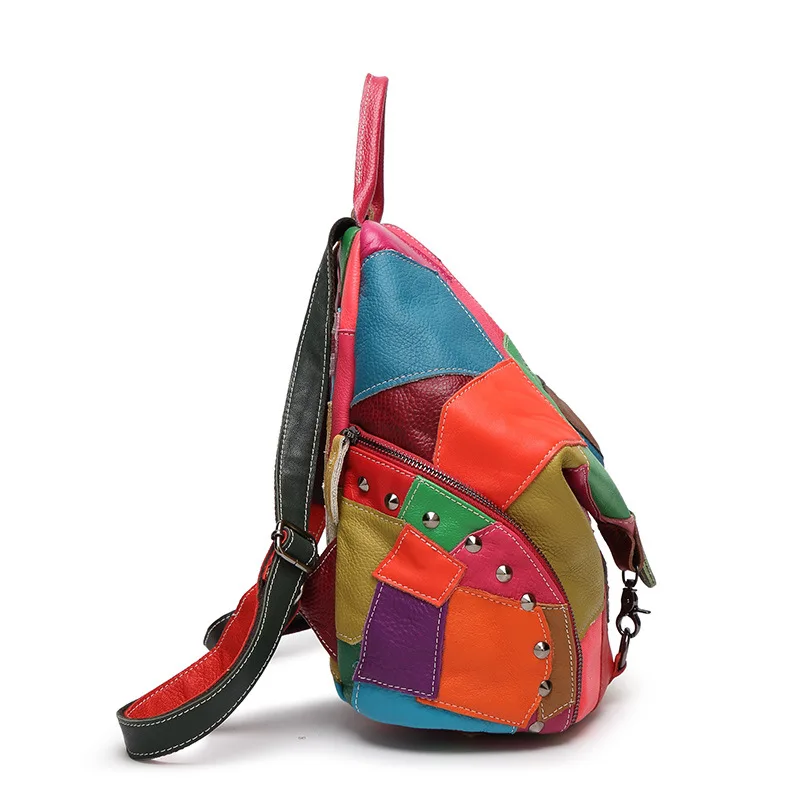 Women Genuine Leather Backpack With Soft Handle Designer High Quality Sheep Skin Patchwork Rivet Backpacks For Travel 2colors | Багаж и