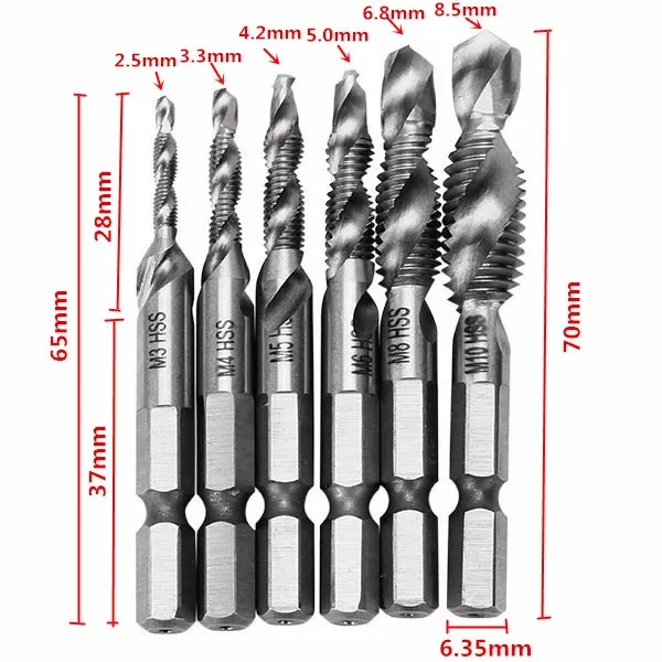 6 pcs HSS 1/4 Inch Hex Shank Combination Drill Tap Bit Set Metric Deburr Countersink Bits | Инструменты