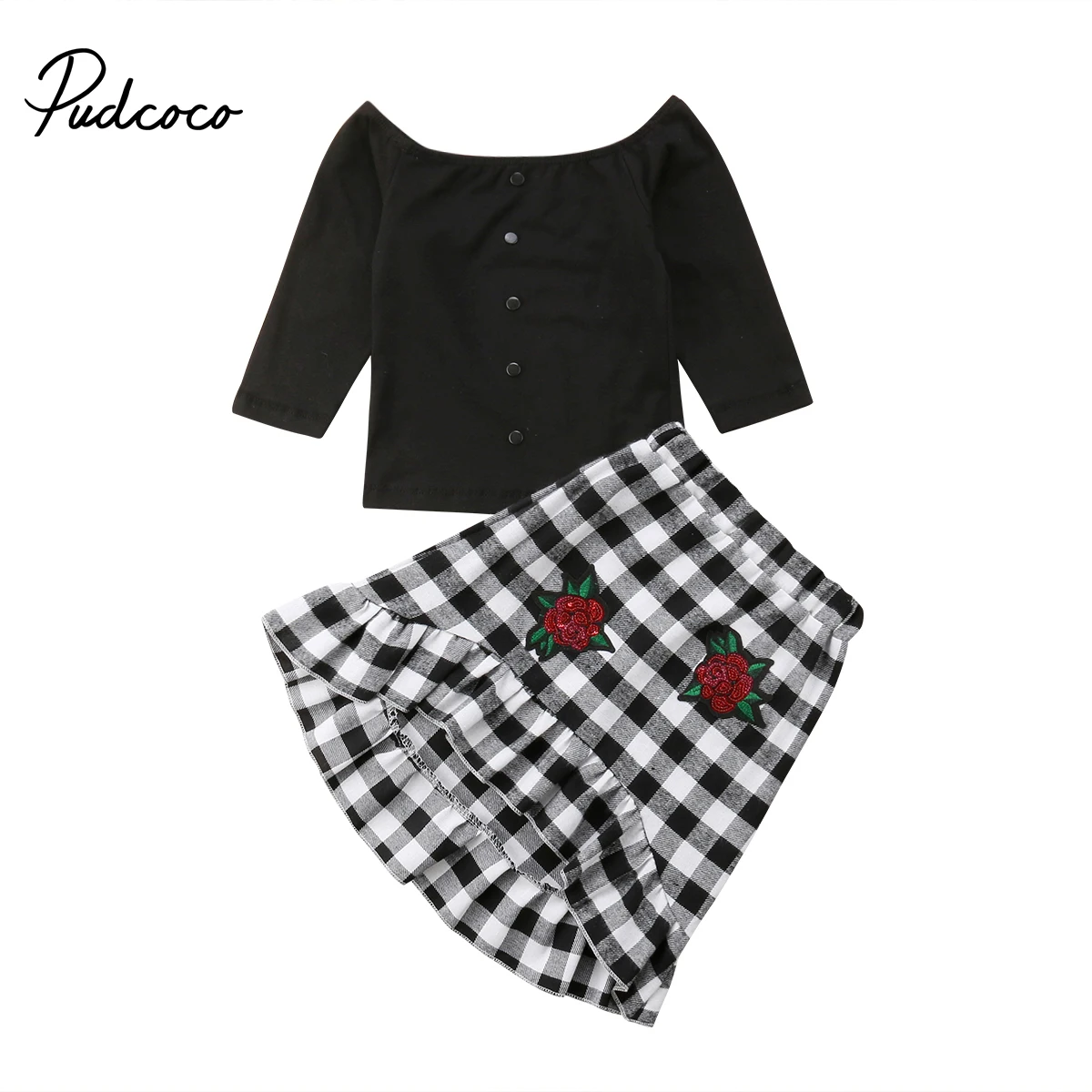 2 шт. черная футболка с открытыми плечами и юбка в клетку оборками|Комплекты