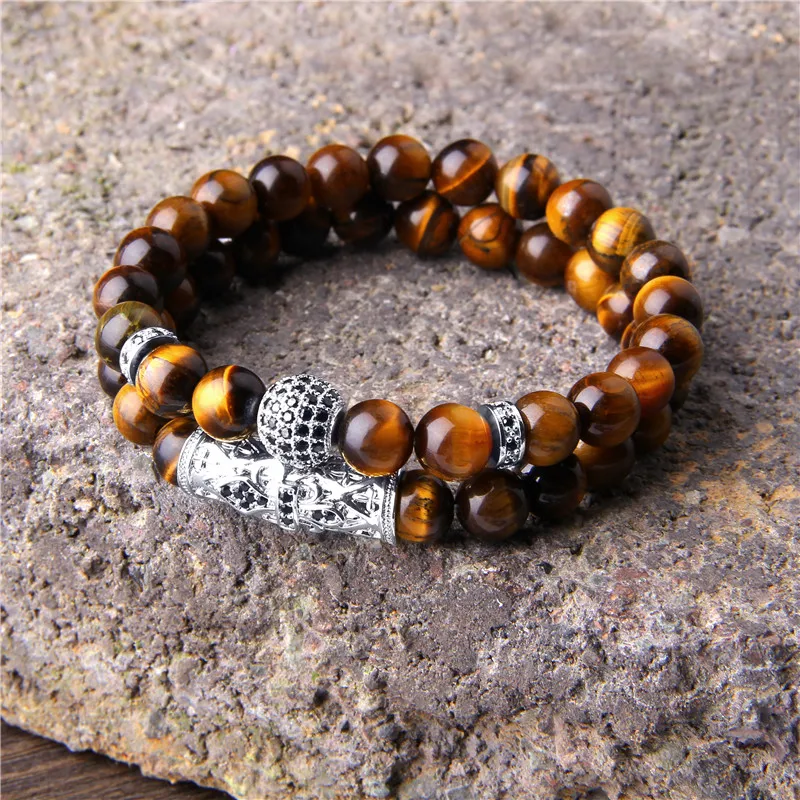 2pcs Men's Bracelet High Quality Natural Yellow Tiger Stone Micro Pave CZ Round Ball Charm Couple Jewelry | Украшения и