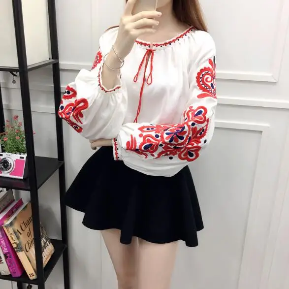 Хлопковая льняная блузка с вышивкой Boho летние женские блузки длинным рукавом