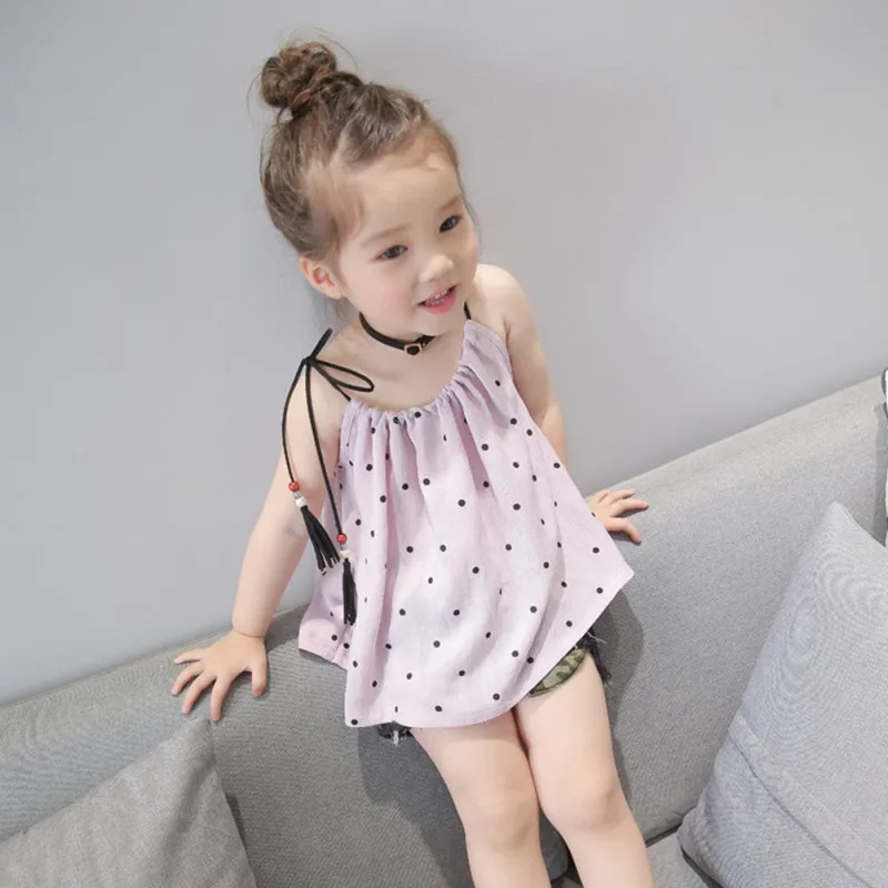 Милые блузки и рубашки в горошек для девочек одежда Новинка лета 2018 галстук без