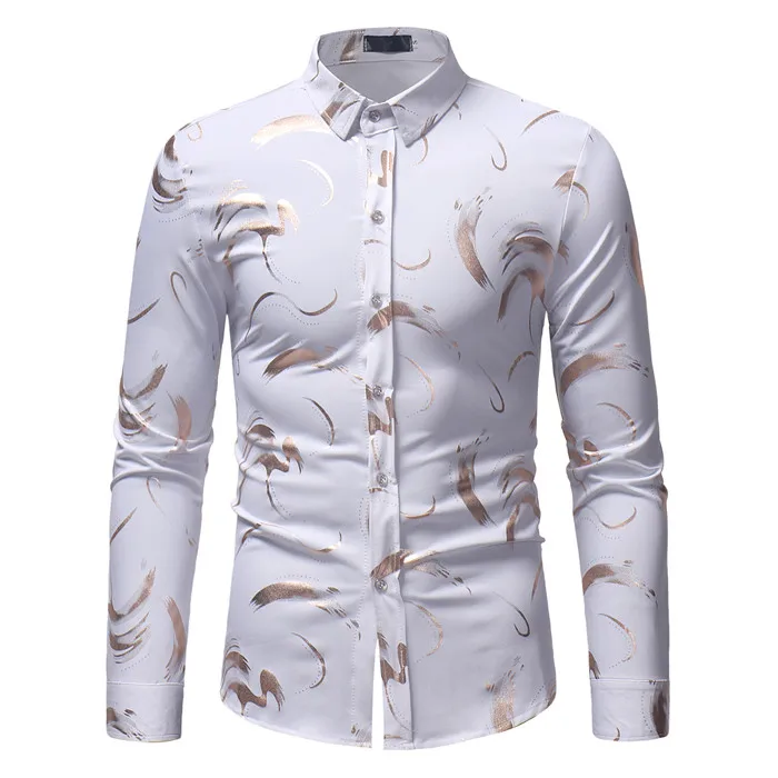 CS50 white Розы Bronzing белая рубашка для мужчин Роскошные Золотая фольга с принтом с длинным рукавом s повседневные платья рубашки для мальчиков Camisa Masculina - Цвет: CS50 white