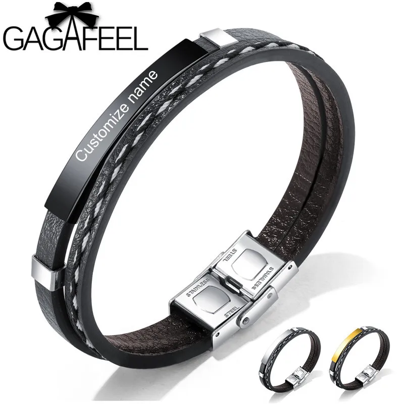 GAGAFEEL 21 см кожаные браслеты для мужчин DIY настраиваемые гравировка нержавеющая сталь бар браслеты персонализированные Pulseira