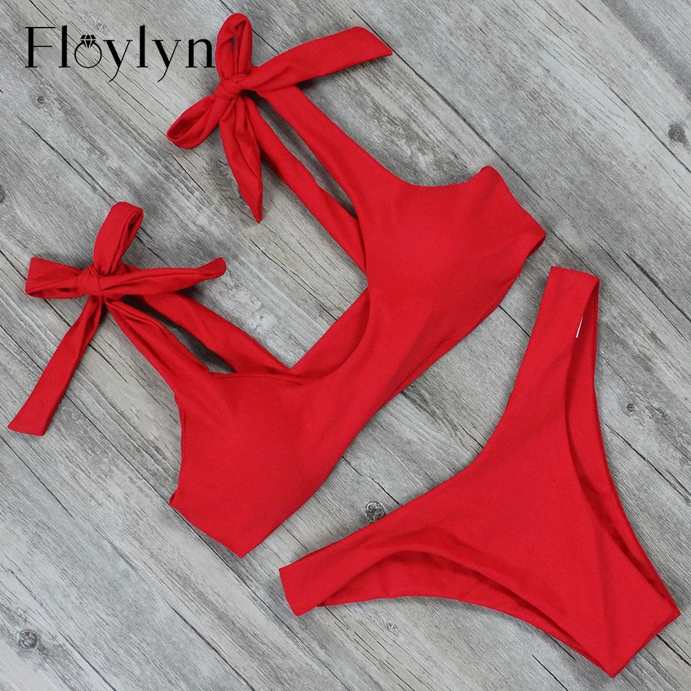 Floylyn бикини 2018 сексуальное с бантом Холтер бандажный купальник комплект