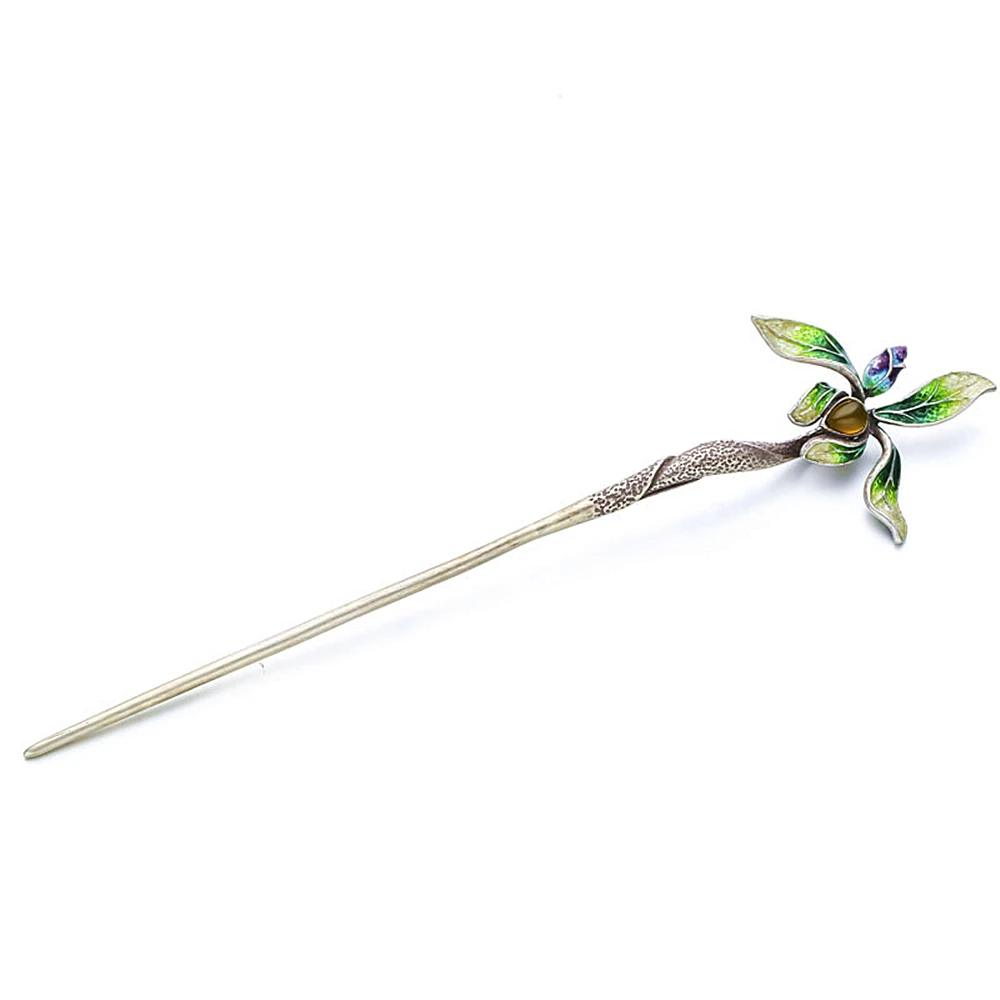 

Orchid Stone Inlay Cloisonne Thai Silver Hair Stick Vintage Silver Chinese Hairpin Flower Hair Fork Pince Cheveux Femme WIGO1399
