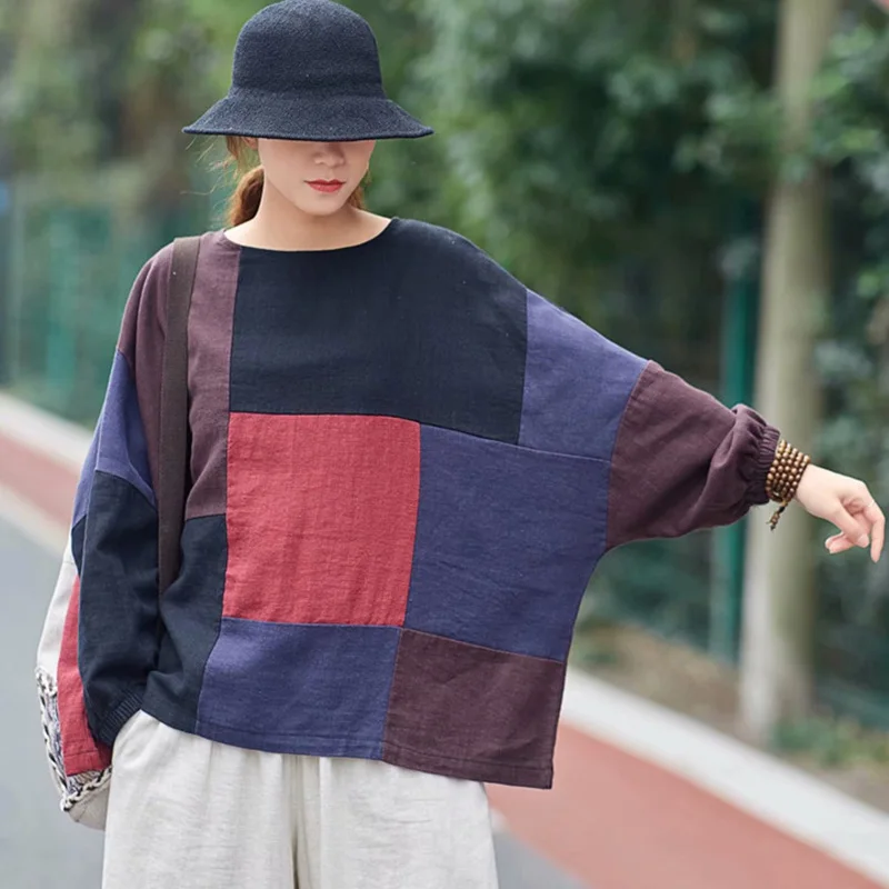 SCUWLINEN 2019 Для женщин Демисезонный Повседневное Топы Винтаж плед лоскутное